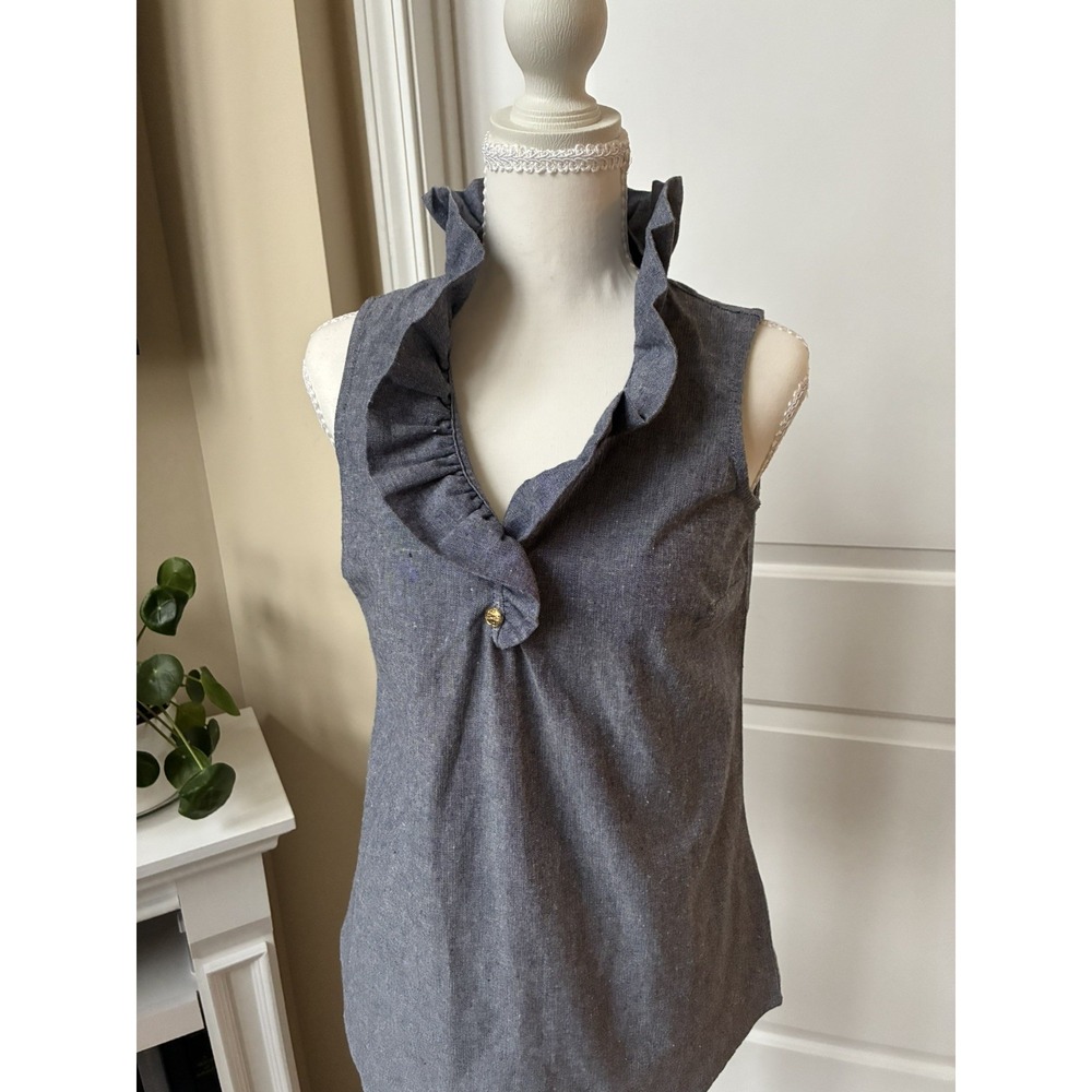 Mud Pie ladies Sleeveless Ruffle Collar Chambray Blouse XS , denim in color - Picture 6 of 16